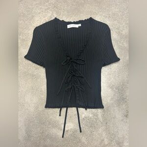 All In Favor Black Ribbed Tie In Front Crop Top